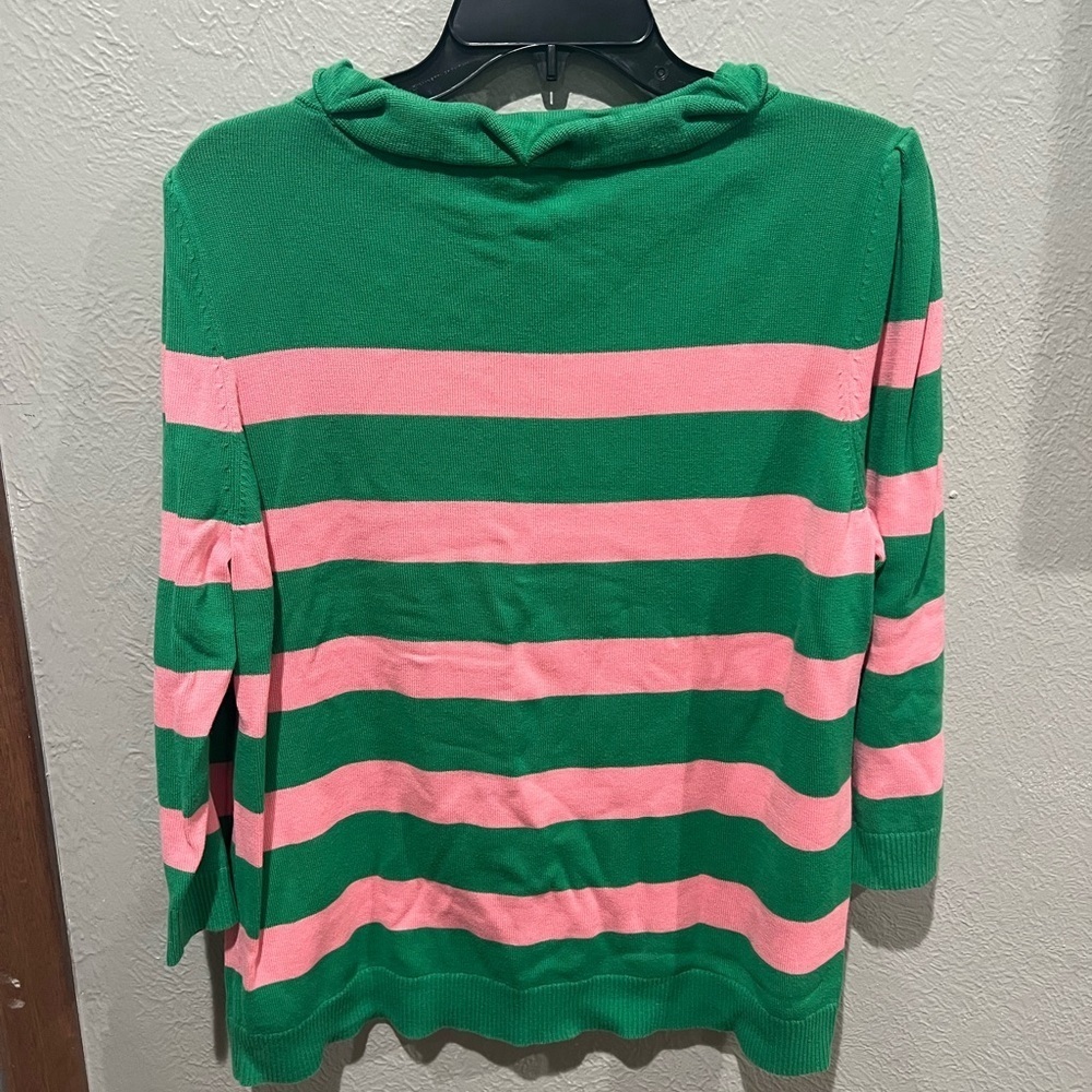 Talbots Vibrant Green Knit Top Pink Stripes Size XL EUC Detailed Neckline - Picture 5 of 5